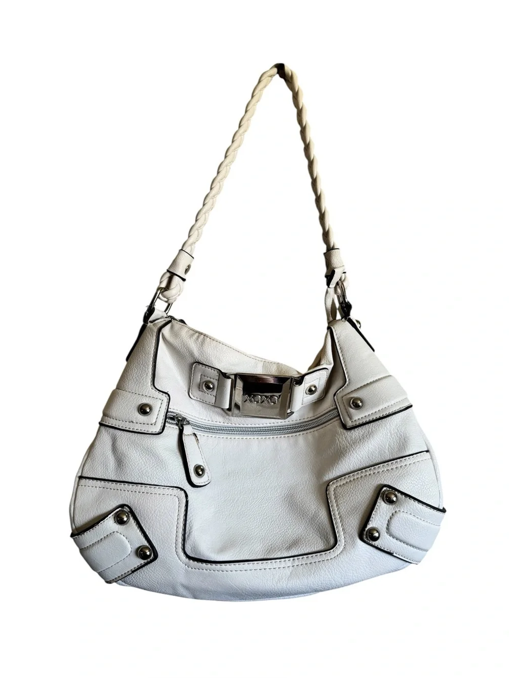 XOXO White Braided Handle Hobo Bag with Silver Hardware